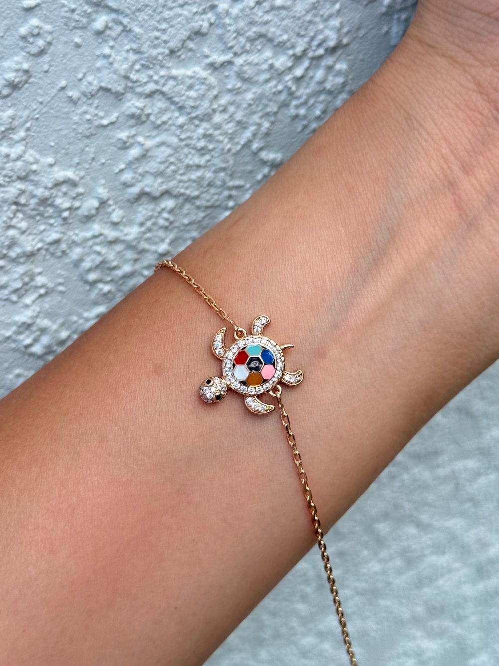 Gold Turtle Bracelet with Multicolor Enamel Accent